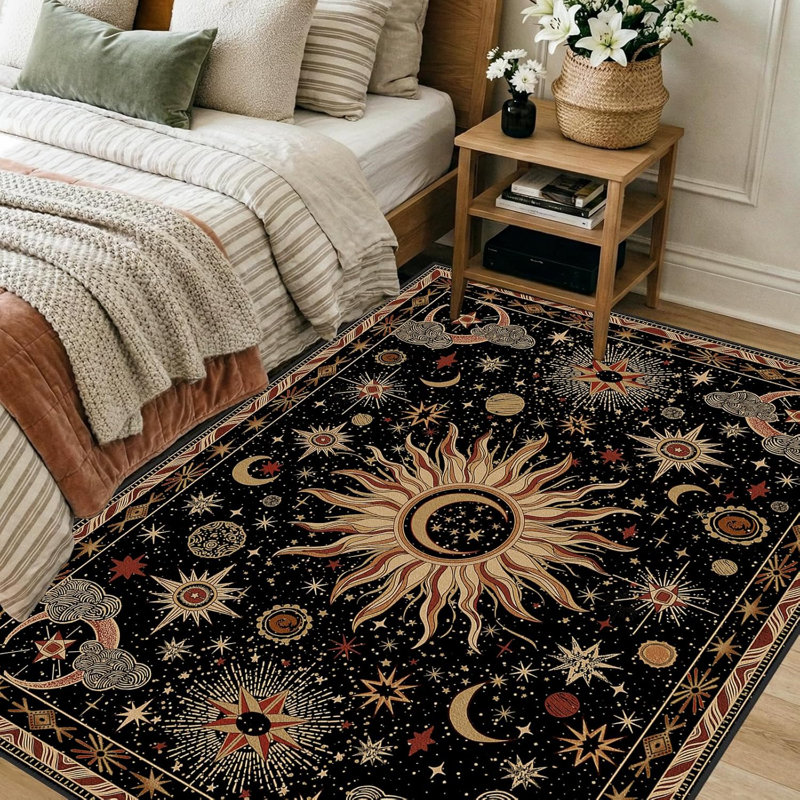 4X6 Area Rugs, Washable Vacuum-Friendly Non-Slip Rug Vintage Boho Sun And Moon Printed Pattern Low Pile Carpet For Living Room Bedroom Dining Room Hallway Entryway,Black Gold Beige Red