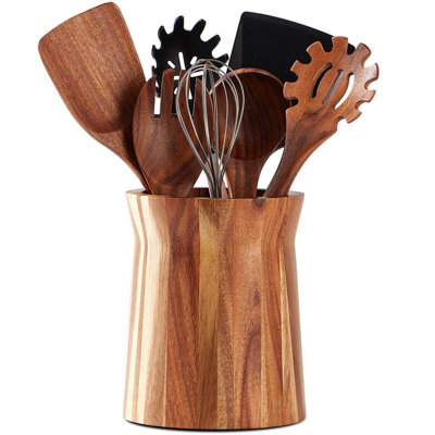 Wooden Utensil Holder For Countertop, 360° Rotating Kitchen Utensil Holder