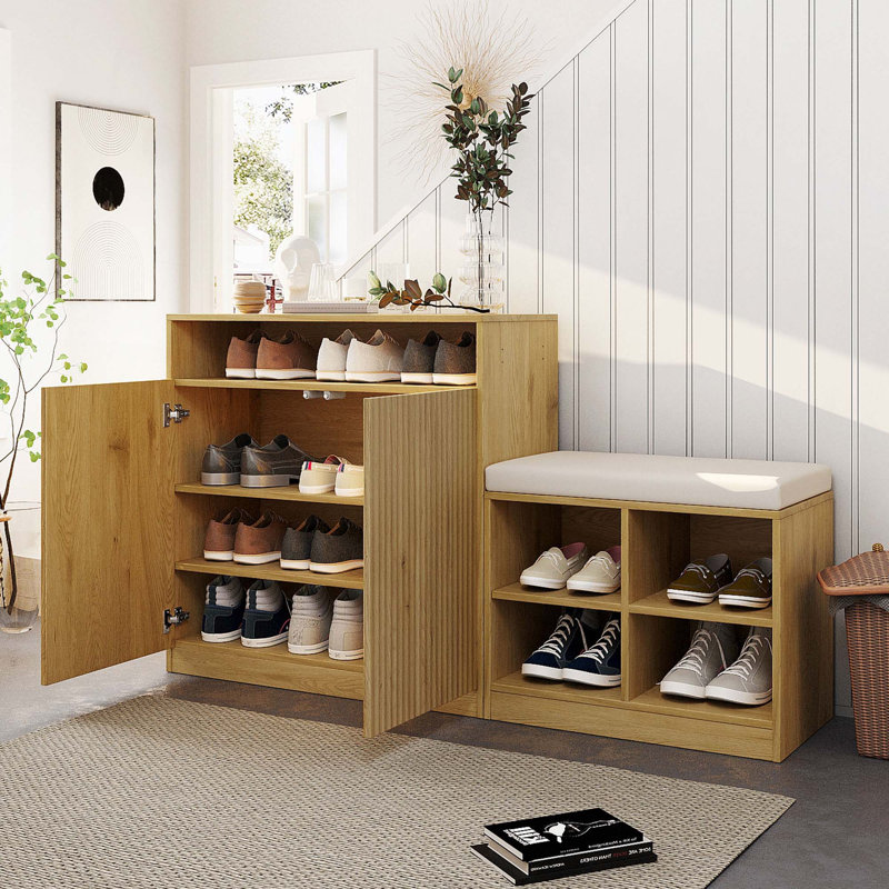 Armoire de salon avec banc à chaussures, 2 portes et 3 tablettes réglables à 3 niveaux, banc d'entrée avec 4 étagères à chaussures ouvertes et coussin amovible