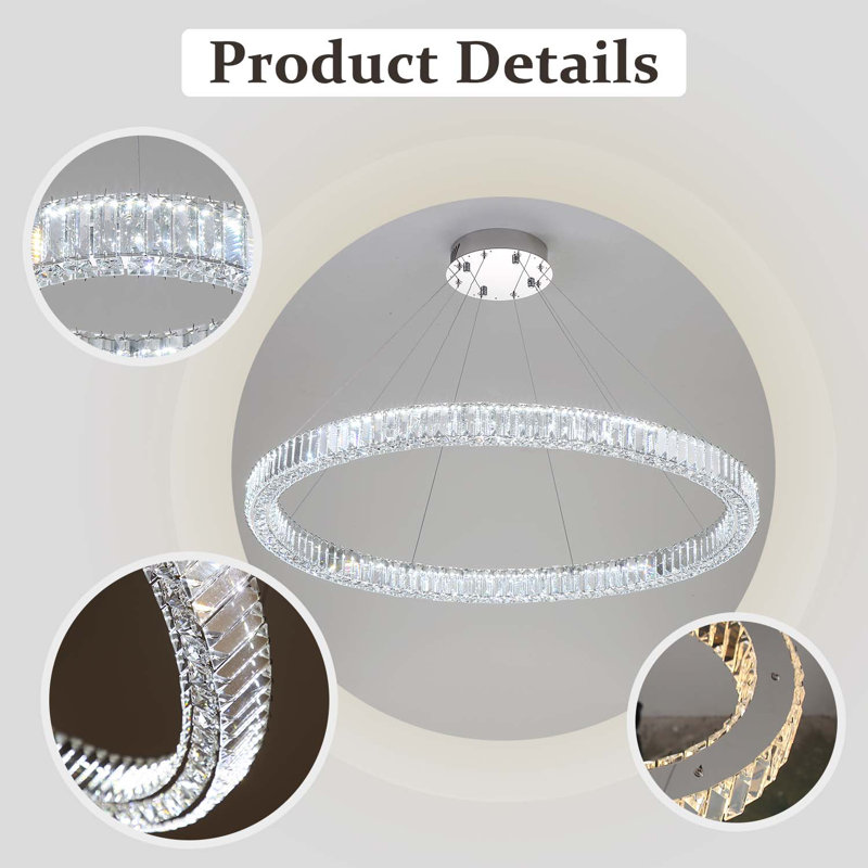 Modern Led Ring Crystal Chandelier Adjustable Dimming LED Ceiling Light, 1, Dia 23.6"