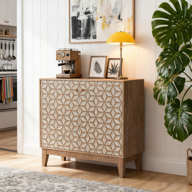 Buffet géométrique avec 2 portes et tablettes réglables, armoire de rangement de style campagne moderne de 31,5 po pour le salon, la salle à manger et la cuisine