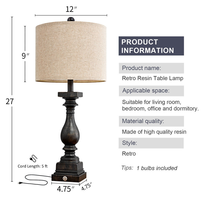 27.75"touch resin retro lamp with USB port,living room,dining room,hallway,bedroom(including bulb)