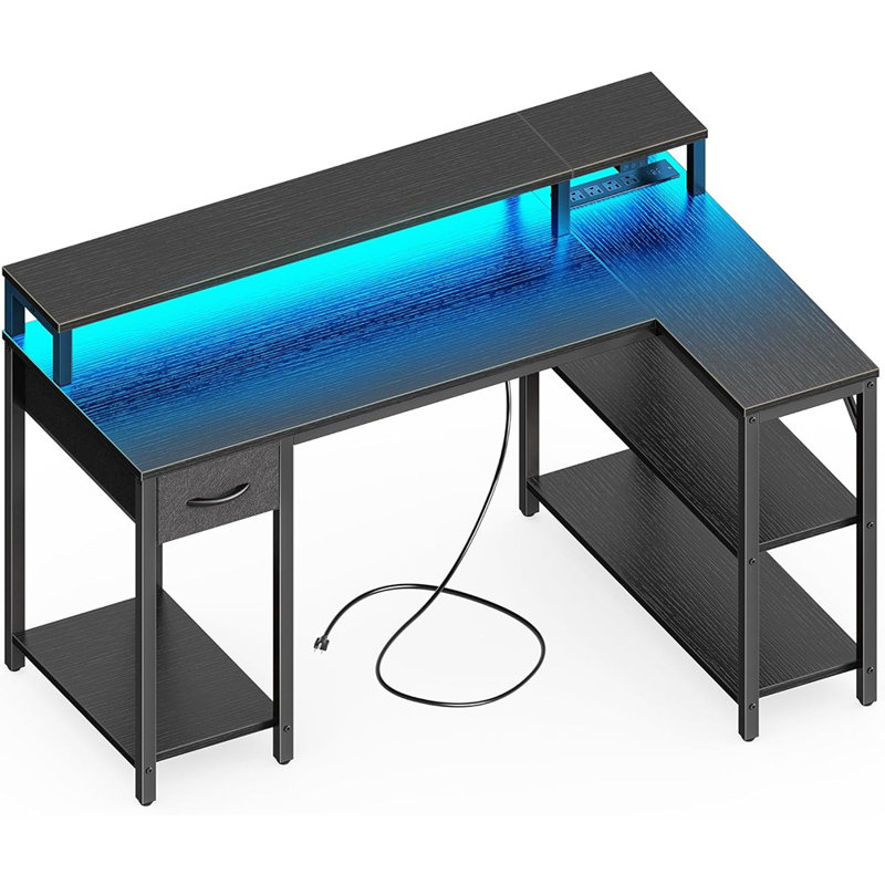 47 Inch Reversible L Shaped Desk With Led Lights & Power Outlets, Computer Desk With Shelves & Monitor Stand, Gaming Desk With Drawer, Home Office Desk Corner Desk, Black