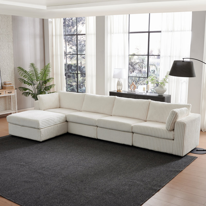 Canapé modulaire en L 145,7 po, Velours côtelé blanc