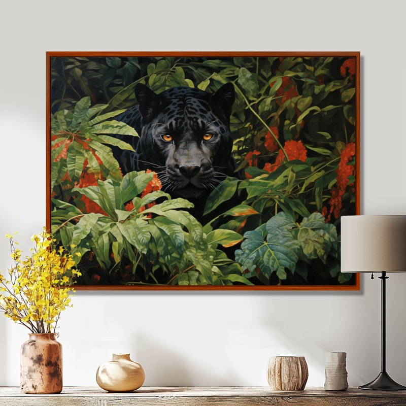 «Black Panther Jungle Roam Oil», art mural panthère pour le salon, H 34 po x l 44 po x P 1,5 po, Cadre flottant brun