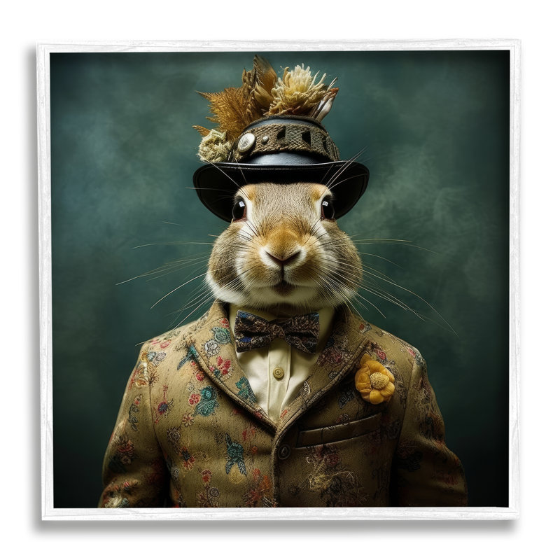 ba-923 - Reproduction encadrée d'un seul lapin encadré en costume rétro, Giclée encadrée blanc bord de mer