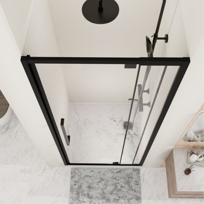 Porte de douche semi - pivotante en verre 44 48 po L 72 po, 1/4 po, 6 mm trempé, noir mat, imperméable et réversible pour une installation dans la salle de bain