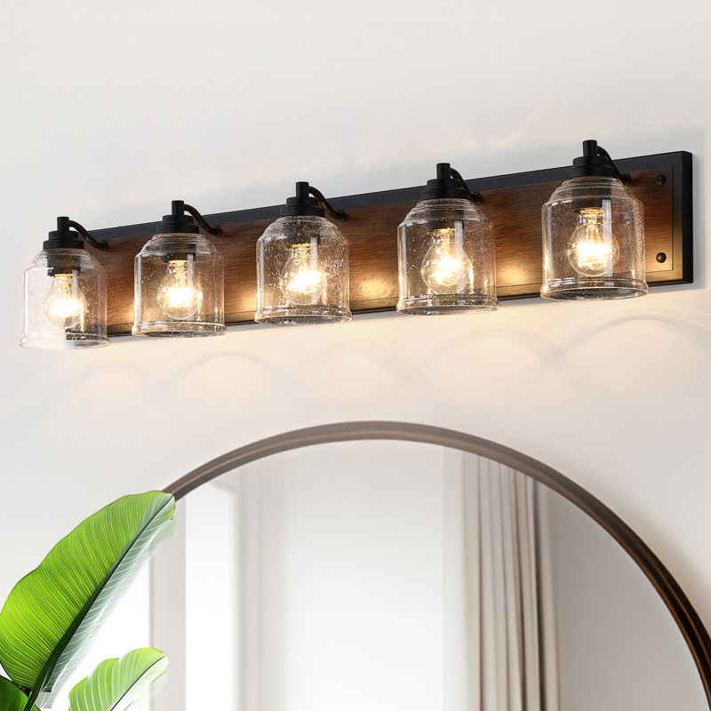 40" 5-Light Farmhouse Faux Wood Grain Dimmable Vanity Light with Seeded Glass Shade for Bathroom and Mirror, Black/Brown, 5