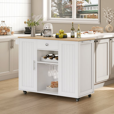 Kitchen Island Cart with Wine Rack, Tilt-Out Trash Cabinet, Adjustable Shelf, for Kitchen, Laundry Room, Dining Room