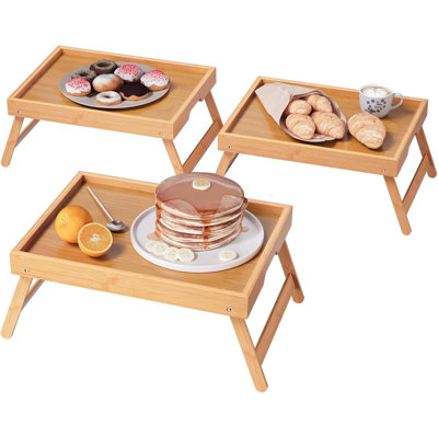 Ensemble de 3 tables-lits en bambou avec pattes pliantes, plateaux de petit-déjeuner, plateau de service, plateau pour ordinateur portable pour travailler, plateau de collation pour lit et canapé (naturel)
