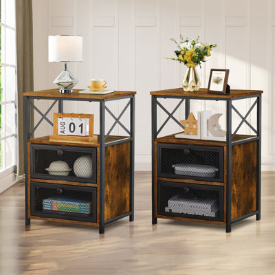 Kempst Nightstand Set 2, Small Bedside Table with Drawers, Narrow Side End Table with Open Shelf, 2 Drawer Dresser for Bedroom/Living Room/Dorms