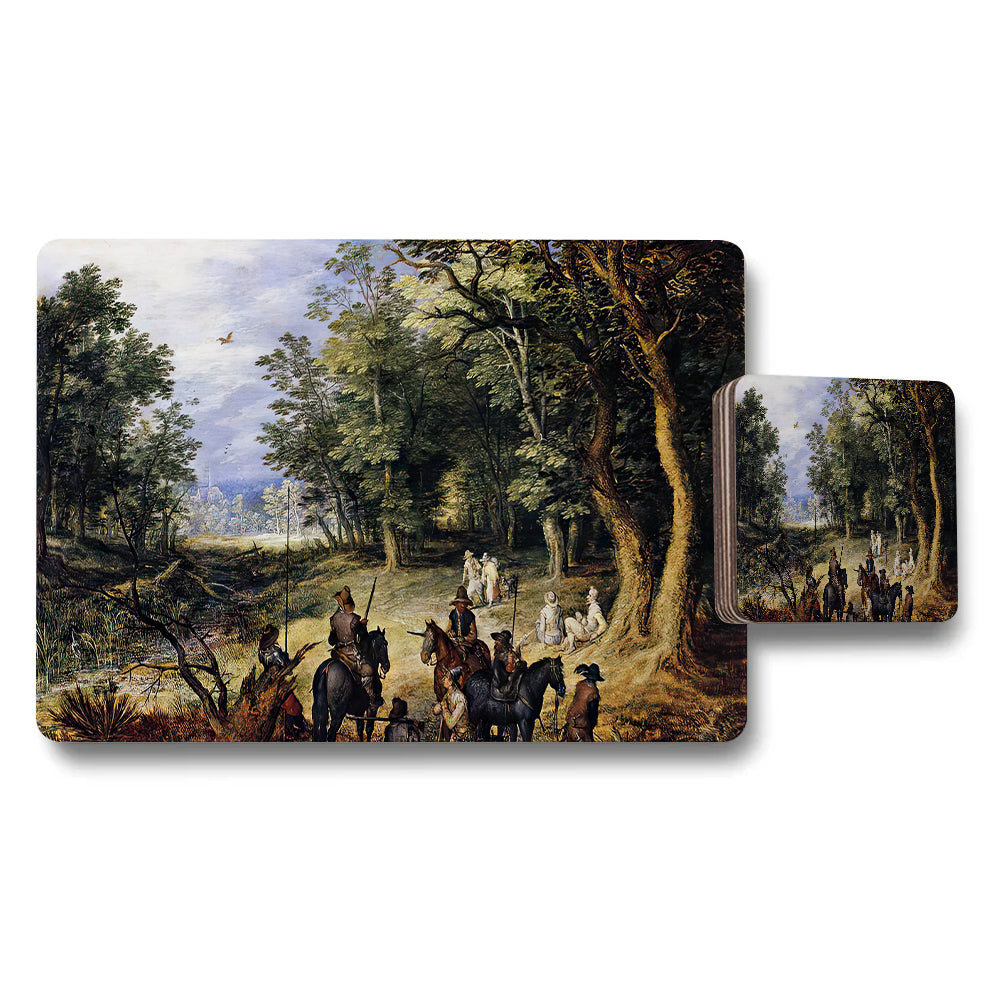 Vintage Forest Landscape Placemats And Coaster Set With Artwork