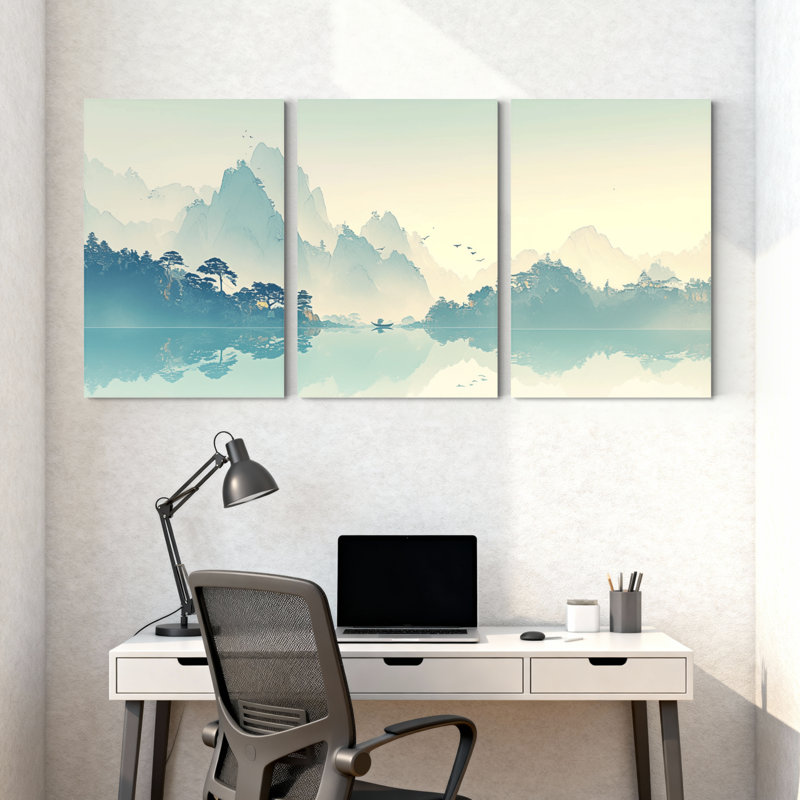 Paysage et nature montagne lac réflexion Misty Dawn arbres arbres ciel ensemble de 3 impressions sur toile, H 18 po x l 36 po