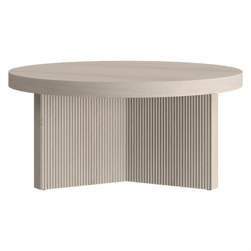 32" Wide Round Coffee Table with Fluted Base — Alder White Scandinavian MDF Center Table for Living Room | Holm, Alder White