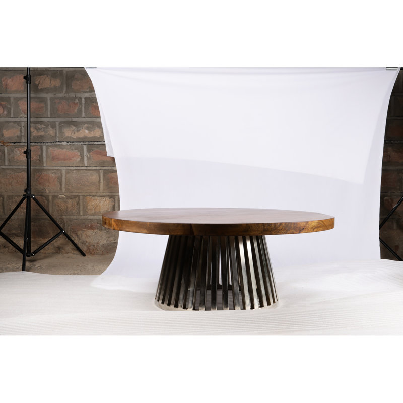 Table basse ronde en bois massif et en métal, un design distinctif, 43 pouces de profondeur, 2 hauteurs, couleur naturelle