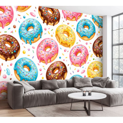 Wall Mural Peel and Stick Wallpaper Donuts pink blue mint glaze falling white Splashes colored Self-Adhesive Removable Contact Paper Wall Decor for Living Room Bedroom 100"H x 144"W