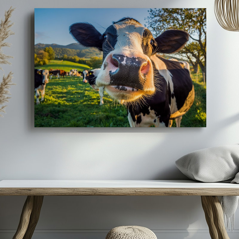 Toile, gros plan sur une joyeuse vache laitière en noir et blanc, H 20 po x l 20 po