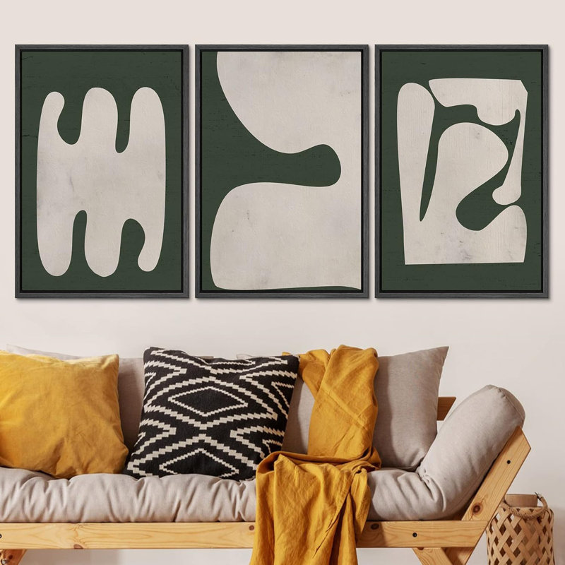 Modern Geometric Abstract Green and White Framed Canvas Art Set