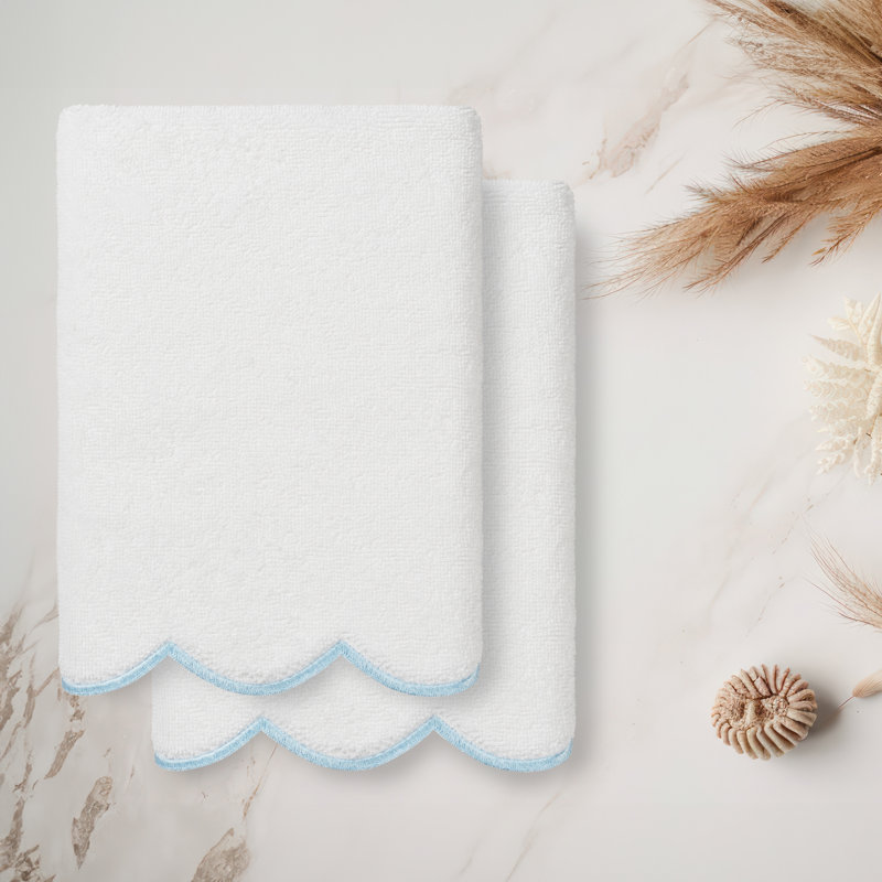  100% Turkish Cotton ADORNIA Scallop 2PC Hand Towel Set, White/Blue, Hand Towel - 2 Pack