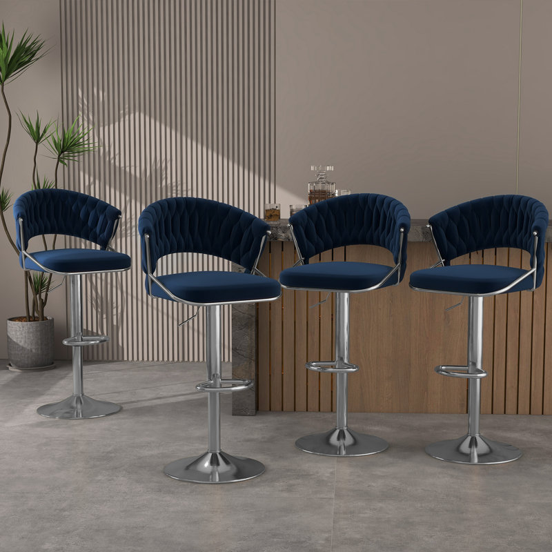 Christal Height Adjustable Swivel Bar Stool, Navy Blue, Silver