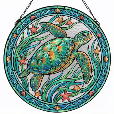 Sea Turtle Stained Glass Window Panel，7.8H