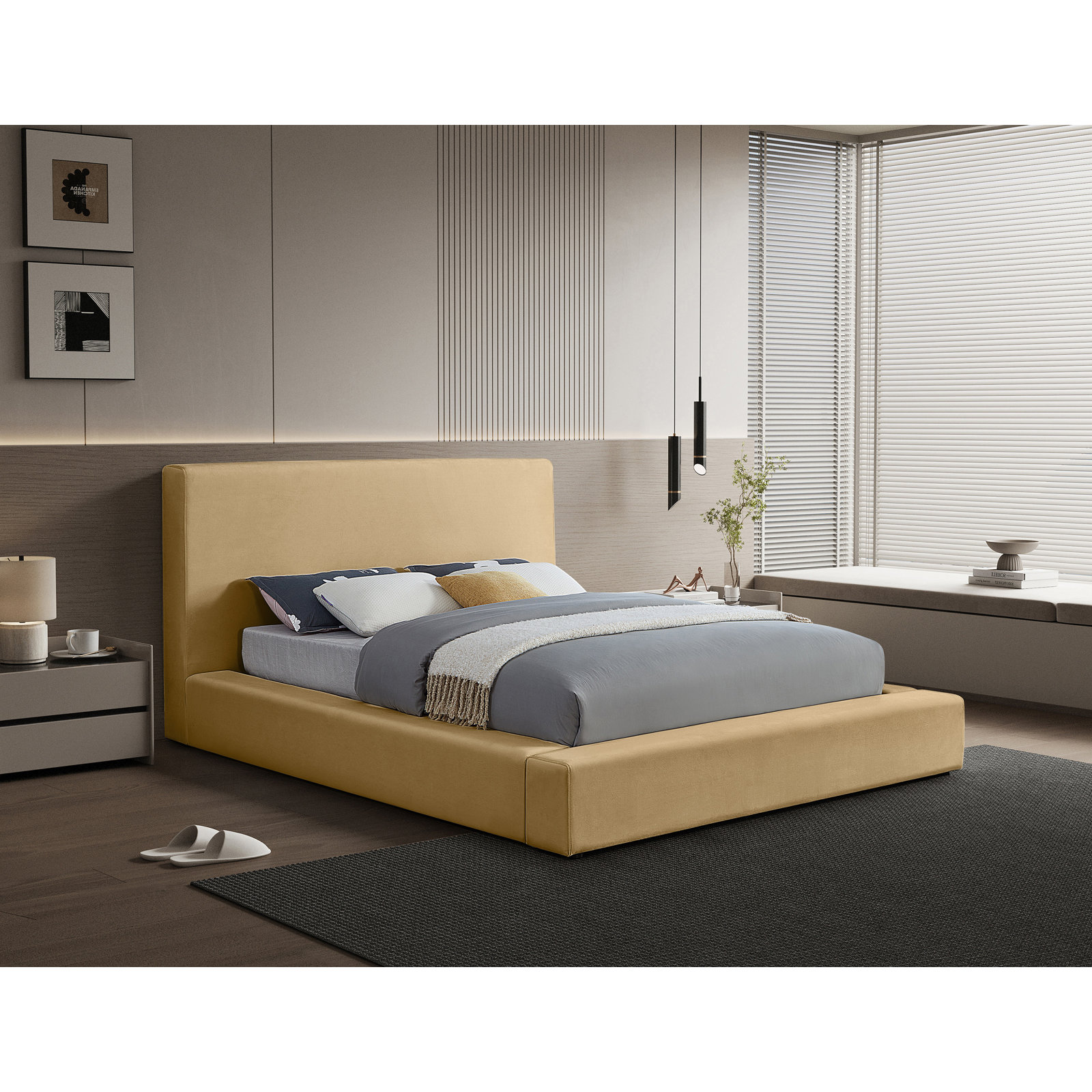 Ishia Upholstered Platform Bed, Queen, Camel Velvet