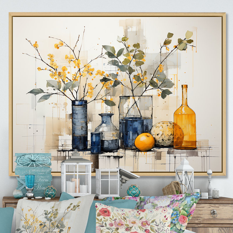 Bleu et jaune agrume Boho Pottery II - Boho Pottery, art mural, Cadre flottant brun, H 16 po x l 32 po x P 1 po