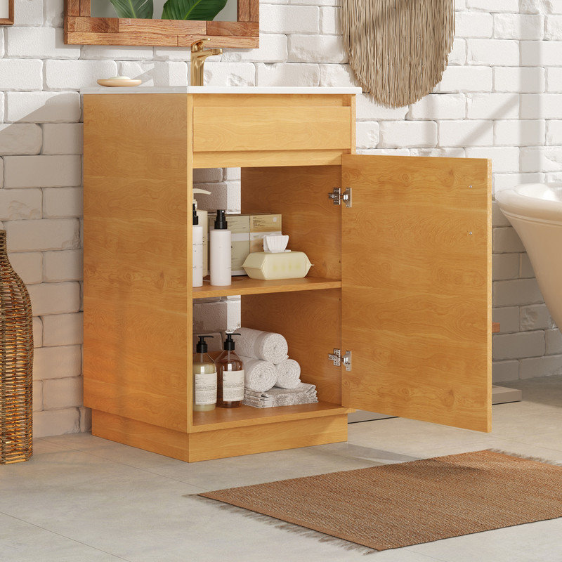 Meuble-lavabo Farmhouse avec lavabo en céramique et tablette réglable