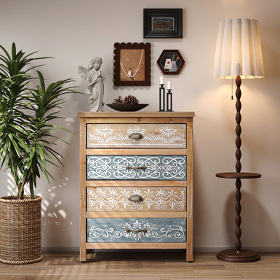 Vintage 4-Drawer Distressed Wood Chest With Ornate Pattern, Rustic Storage Dresser For Bedroom Living Room