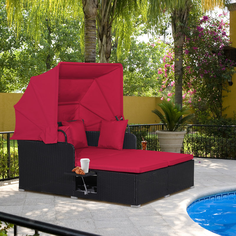 Outdoor Daybed with Retractable Canopy PE Rattan Sunbed with Soft Cushions & Pillows 2 Folding Side Trays, Red