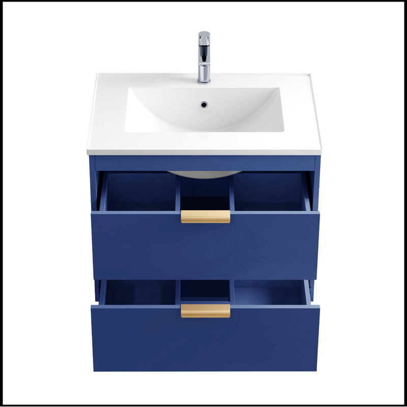 24" floating wall mounted bathroom vanity with white ceramic sink and drawer storage, Blue