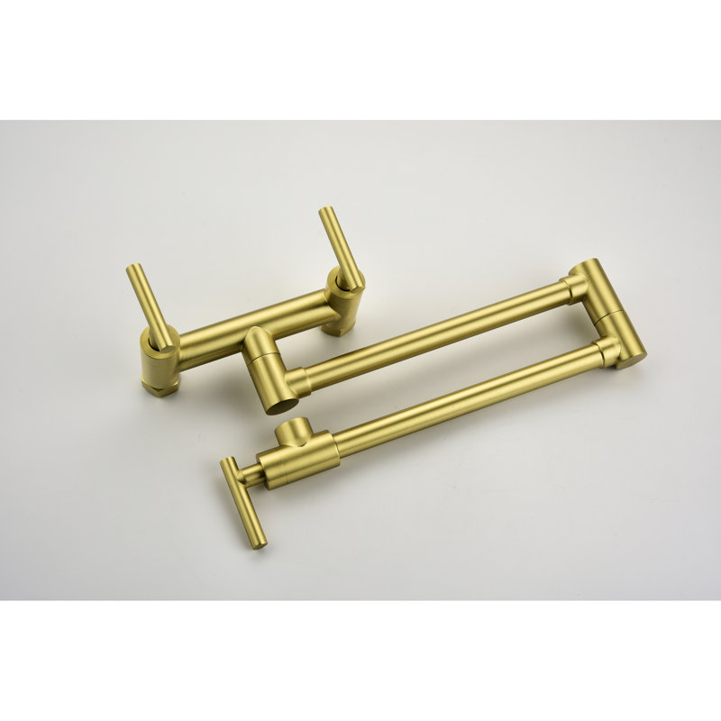 Brass Pot Filler Faucet - Gold, Hot Cold Mixer, 3 Handles, 2 Holes, Wall Mounted, Arm, Stable Construction Faucets Gold Brass, & Water, Mount, Easy Cleaning, Quality Aerator