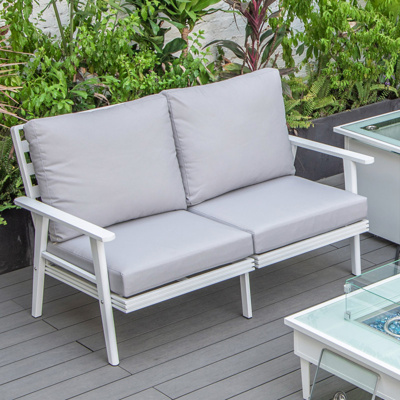Kenedy Patio Loveseat with White Slatted Aluminum Frame and Removable Polyester Cushions - Cotton-Filled 2-Person Seating for Indoor Outdoor Use