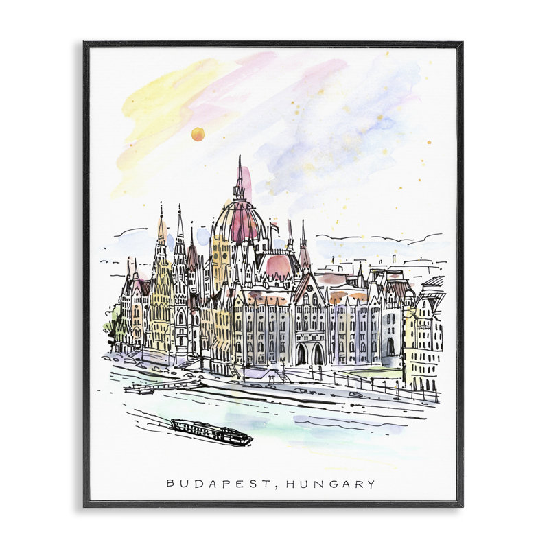 Giclée encadrée minimaliste de l'horizon de Budapest, design par Angela Steahling, H 14 po x l 11 po