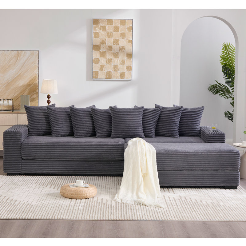 Canapé modulaire en L 110,75 po, canapé modulaire en velours côtelé, avec repose-pieds mobile, porte-gobelets, 8 coussins décoratifs, poche latérale, déplier en lit, noir