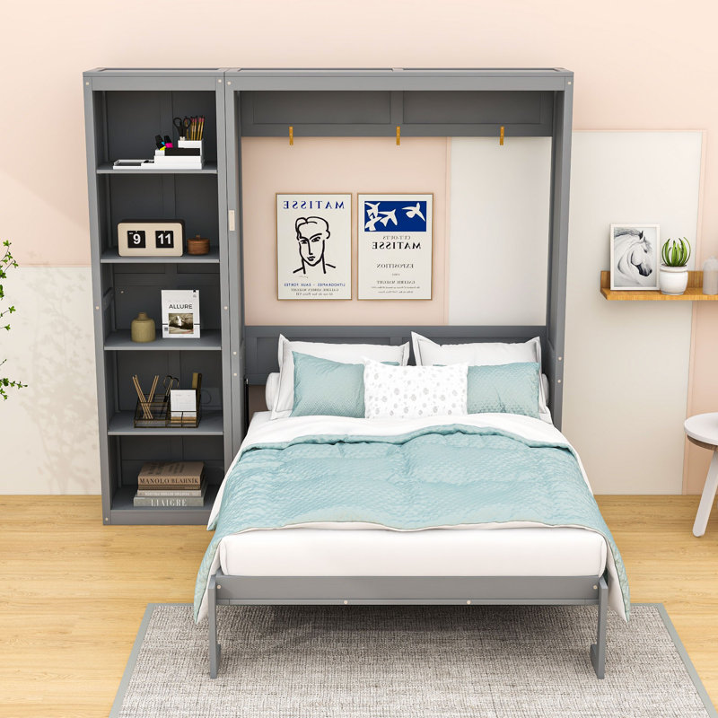 Goudelock Wood Murphy Bed with Shelves and Headboard, Queen, Gray