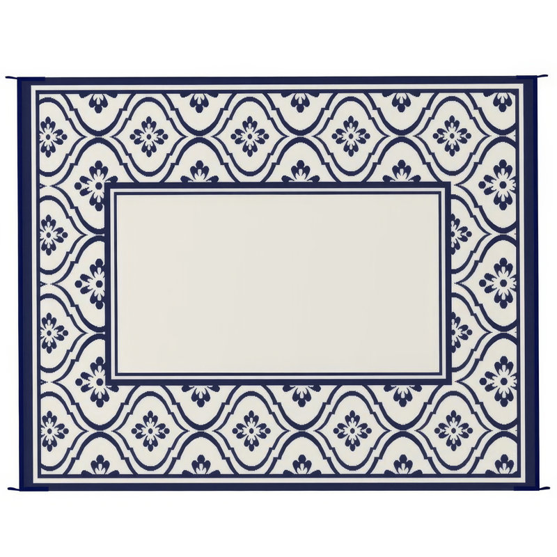 Tapis d'extérieur 8 x 10 avec sac de transport, bordure bleu-blanc