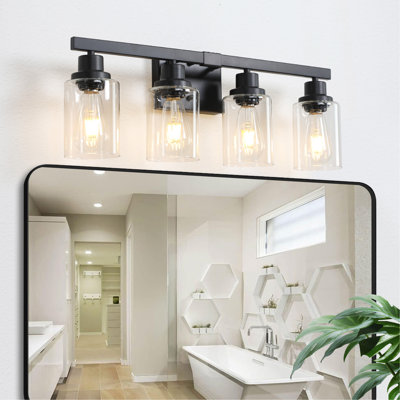(Identique à W1340P197620 / L001010-B4) Luminaire de meuble-lavabo moderne noir 4 lumières 24 po, applique murale industrielle avec abat-jour en verre transparent pour miroir, salle de bain, chambre à coucher et couloir (sans ampoules)