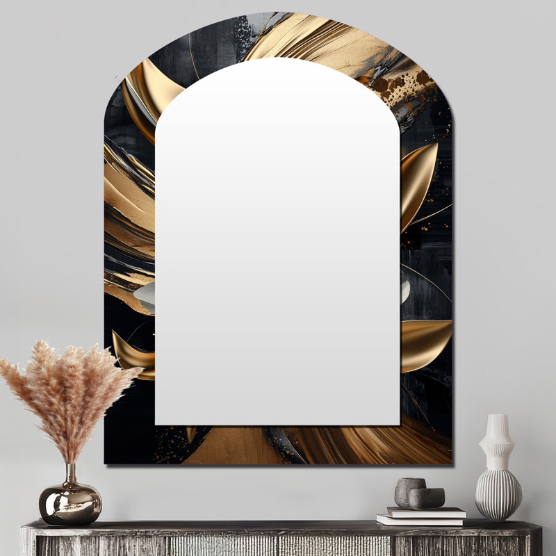 Golden Dahlia Petal Geometry I - Dahlia Asymmetrical Decorative Mirror, Traditional Arch Wall Mirror, Printed Metal Art