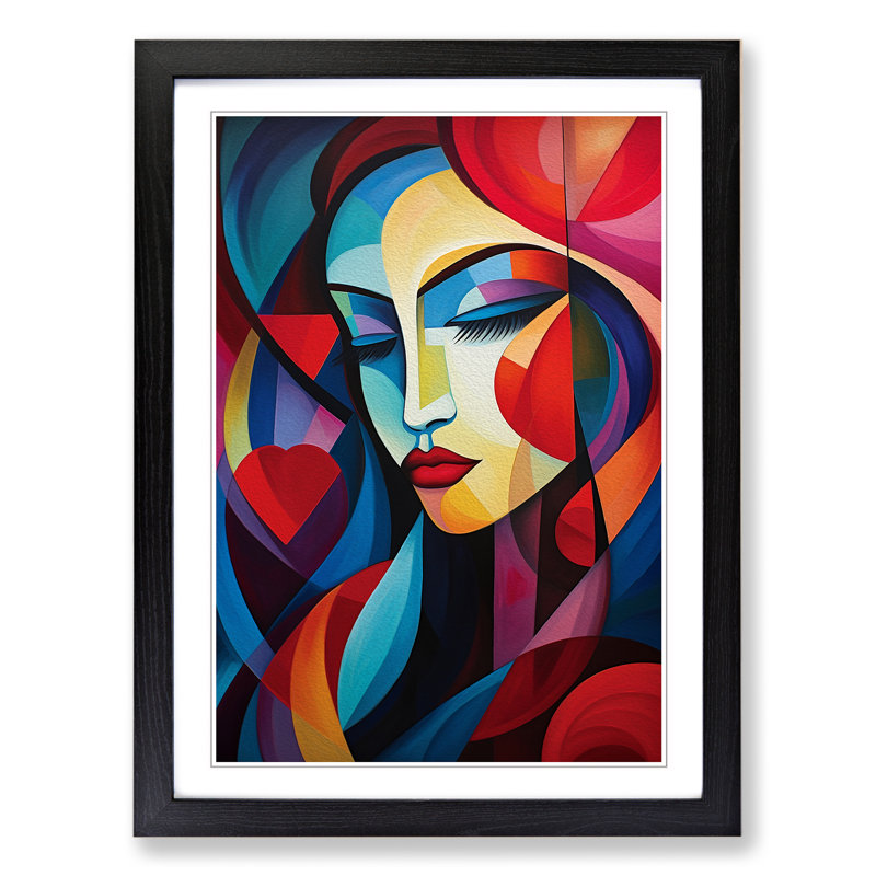 Love Heart Cubism - Single Picture Frame Print on Wood, 34cm H x 25cm W x 2cm D, Black Framed