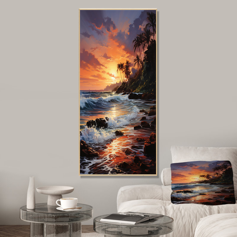 Dreamy Tropical Sunset, plage mexicaine - art mural plage, Cadre flottant brun, H 32 po x l 16 po