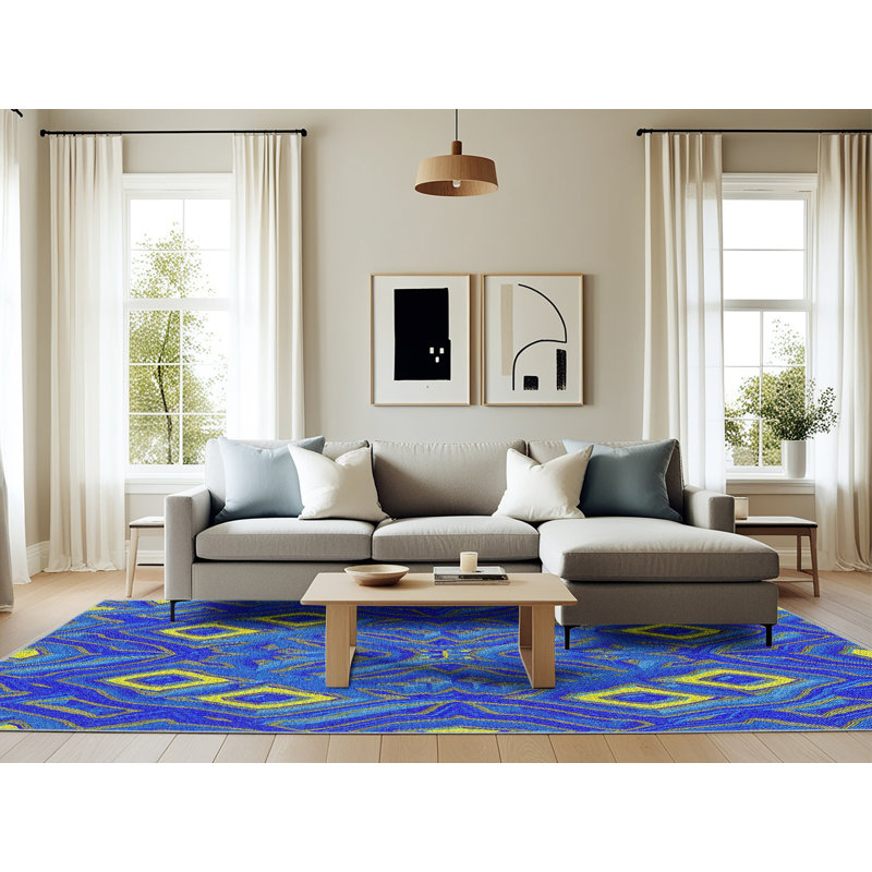 Tapis bleu/jaune à motifs, Rectangle 6 pi x 9 pi