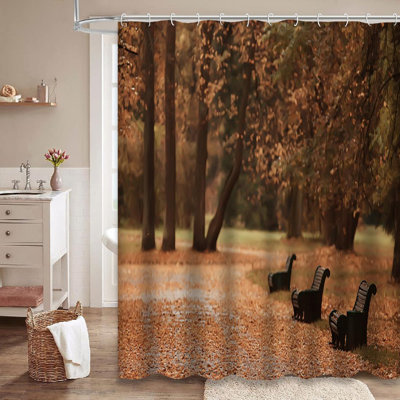 Autumn City Park Trees Landscape Shower Curtain with 12 Hooks