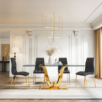 Table de salle à manger en verre avec base en verre et 4 chaises rembourrées, ensemble de salle à manger à piédestal 5 pièces