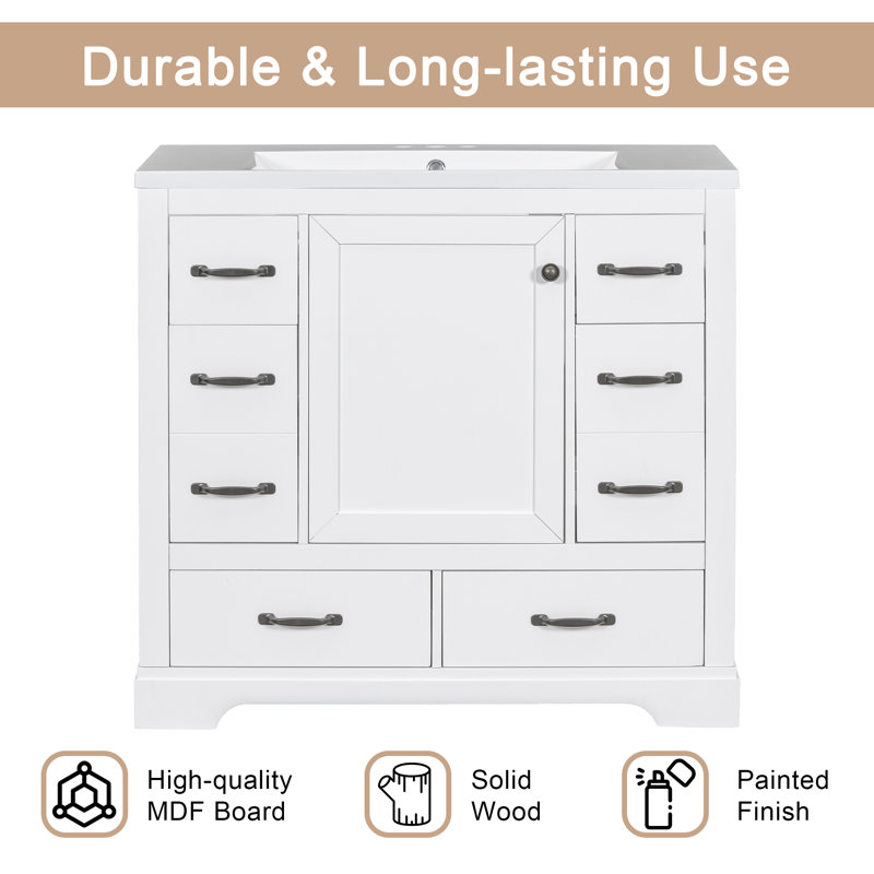 Ensemble de meuble-lavabo 36 po avec lavabo 36 po - Bois massif + panneau de fibres à densité moyenne - 2 pièces - Autoportant - Blanc - 6 tiroirs et tablette réglable