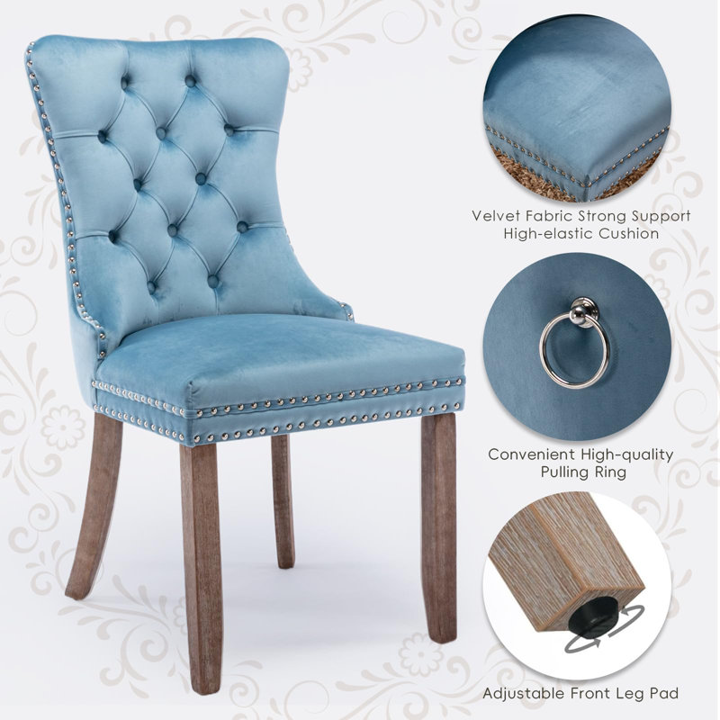 Light Blue Velvet Tufted Dining Chairs with Wood Legs, Set of 6