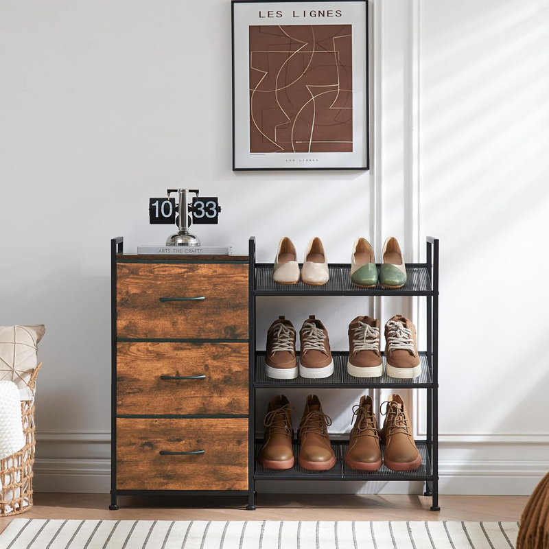 3-Tier Metal Shoe Rack With 3 Fabric Drawers And Wood Grain Top, Narrow Shoe Organizer For Entryway, Holds 6-9 Pairs Of Shoes