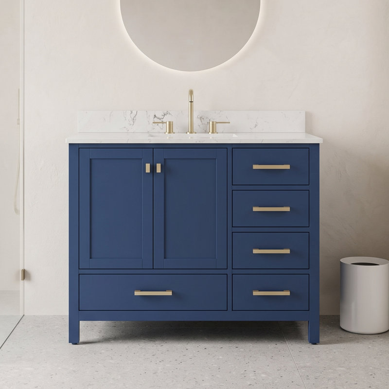 Meuble-lavabo de 42 po en bois massif bleu avec lavabo et armoire de rangement intégrés