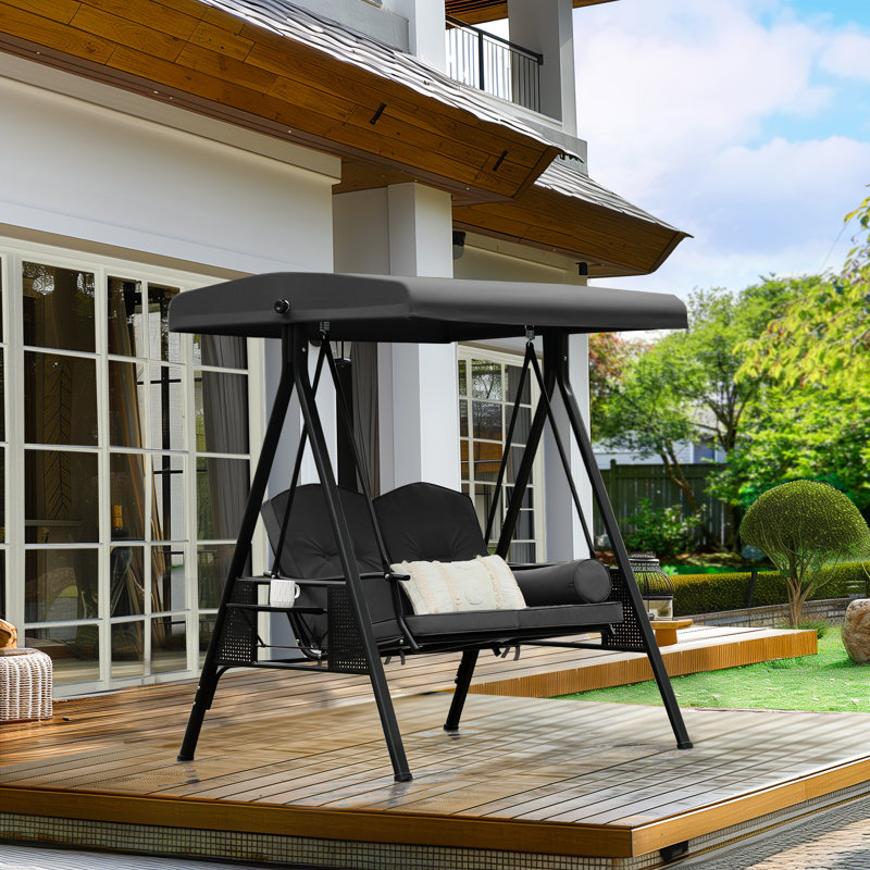 Gray Iron 2-Person Cushioned Patio Swing with Adjustable Canopy