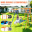 Balançoire 6 en 1 pour jardin, capacité 200 kg, structure en A avec deux balançoires, trapèze, filet d'escalade, cerceau, accessoires améliorés, toile, tubes en acier, poignées en caoutchouc souple, triple